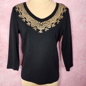 173. Karen Scott Black Embellished Cotton Top Size Small